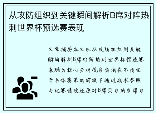 从攻防组织到关键瞬间解析B席对阵热刺世界杯预选赛表现 从攻防组织到关键瞬间解析B席对阵热刺世界杯预选赛表现
